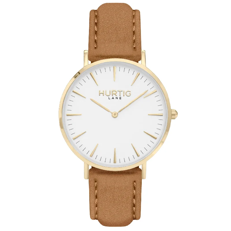 Hymnal Vegan Watch Suede Gold, White & Camel