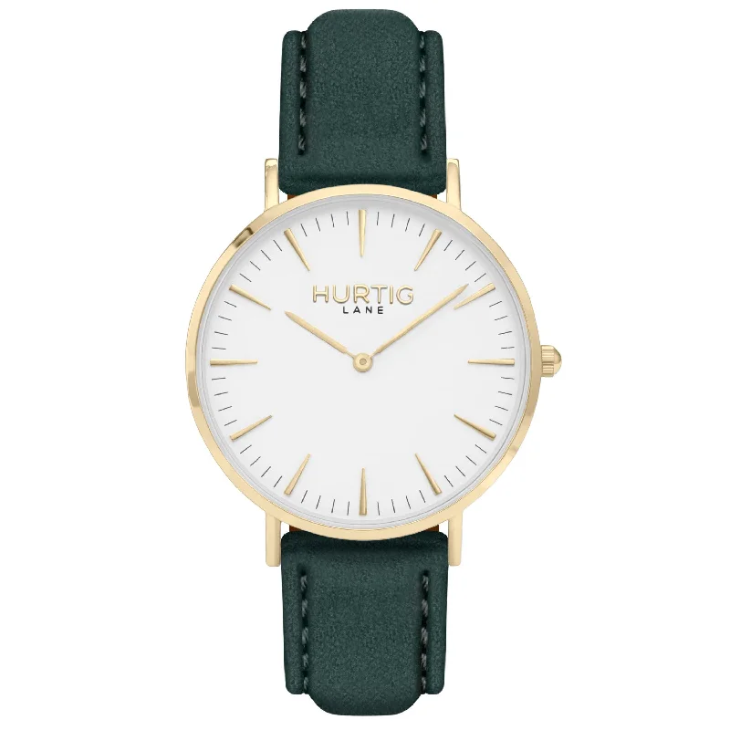 Hymnal Vegan Watch Suede Gold, White & Forest Green